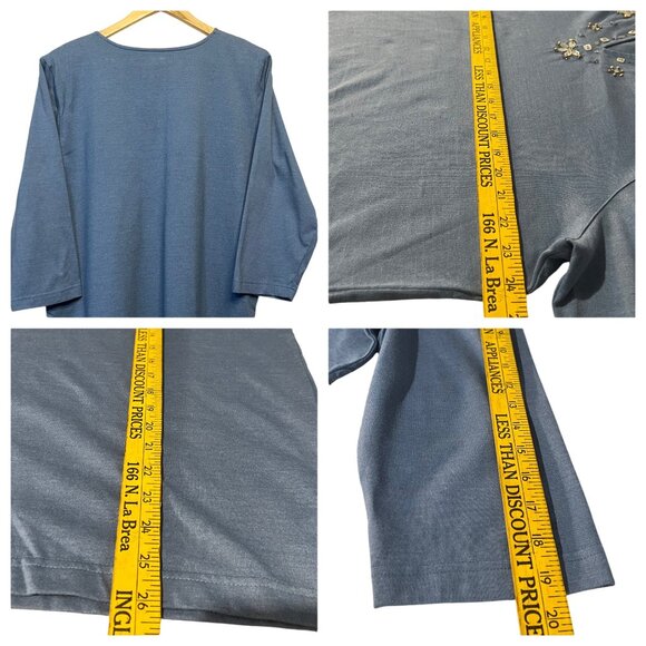 Alfred Dunner Women Blue Embellished Sequin Neckline 3/4 Sleeve Top L  Popover - Picture 7 of 14